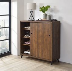 a wooden cabinet sitting next to a window with a plant on top and shoes in the bottom shelf