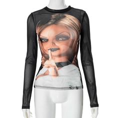 Please refer to our sizing chart for a guideline when choosing a size. 5 business days order processing time. 90% polyester 10% spandex Y2k Fitted Sheer Tops, Fitted Printed Crew Neck Top, Sheer Fitted Y2k Style Tops, Sheer Fitted Y2k Tops, Black Crew Neck Top With Fashion Print, Y2k Black Mesh Top For Night Out, Fitted Crew Neck Mesh Top For Party, Black Stretch Mesh Top Y2k Style, Black Stretch Mesh Top In Y2k Style