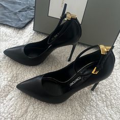 Worn Once! Black High Heels, Tom Ford, Size 39. Cute Ankle Strap With Gold "T" Tom Ford Boots Woman, Tom Ford Platform Heels, Tom Ford Crystal Heels, Silver Tom Ford Heels, Black Tom Ford Heels, Tom Ford Heels, Tom Ford Shoes, Black High Heels, Tom Ford