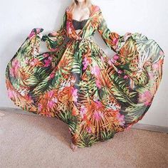 Casual Chiffon Maxi Dress Beach Cover-up, Flowy V-neck Beach Dress With Tropical Print, Summer Beach V-neck Chiffon Dress, Flowy V-neck Chiffon Dress For Vacation, Bohemian Multicolor Maxi Chiffon Dress, Breezy Chiffon Maxi Dress For Vacation, Bohemian Multicolor Floral Chiffon Dress, Green Bohemian Chiffon Dress For Spring, Summer Vacation V-neck Chiffon Dress