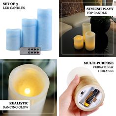 four different types of candles with instructions on how to set them up and where to use them