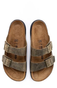 This oiled leather sandal gets a sporty update with outdoor-ready soles for increased traction and adventure. A signature contoured cork footbed provides the same daylong comfort this iconic sandal is known for. Leather upper and lining/synthetic sole Imported Birkenstock Arizona, Mens Sandals, Slide Sandals, Slip On Sandal, Leather Sandals, Birkenstock, Clogs, Cork, Arizona