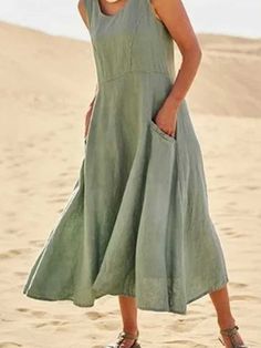 Maxi Shift Dress, Shift Dresses, Khaki Dress, Pinafore Dress, Maxi Dress Green, House Dress, Sleeveless Vest, Solid Dress, Sleeveless Maxi Dress