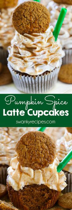 pumpkin spice latte cupcakes stacked on top of each other with frosting