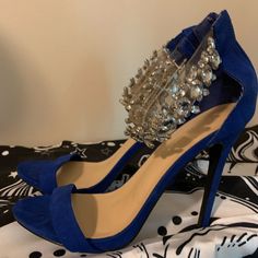 Euc Shoe Dazzle Blue Suede Stiletto Heels Silver Bling Detail Size 9 Zip Back These Are Essentially Nwot, Plastic Still On Bottoms, If They Were Worn At All It Was Only Once Inside Blue Sandals With 4-inch Heel For Party, Blue Heels With Rhinestones And Round Toe, Blue Party Sandals With 4-inch Heel, Blue Ankle Strap Heels For Party, Blue Pointed Toe Sandals For Night Out, Blue Pointed Toe Sandals For Party, Blue High Heel Party Shoes, Blue 4-inch Heel Party Heels, Blue Rhinestone Pointed Toe Heels