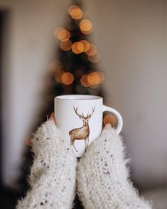 a person's hands holding a coffee cup with a deer drawn on it, in front of a christmas tree