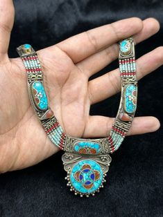 Vintage Nepali Tibetan Beautiful Design Necklace With Turquoise and Coral Stone - Etsy Traditional Turquoise Necklace As Gift, Traditional Turquoise Necklace For Gift, Handmade Blue Jewelry For Festivals, Adjustable Traditional Turquoise Necklace, Blue Necklace For Festivals And Gifts, Blue Multi-stone Necklace For Jewelry Making, Bohemian Round Turquoise Necklace With Natural Stones, Traditional Turquoise Jewelry For Gift, Bohemian Turquoise Necklace With Natural Stones