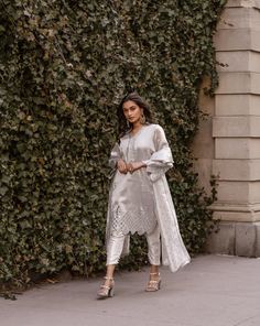 Silver shalwar kameez outfit. Pakistani and Indian desi dress in New York, USA online. Perfect for desi weddings or gatherings. Desi Dress, Shadi Dresses, Add Sleeves, Pakistani Dresses Casual, Desi Wedding, Shalwar Kameez, Matching Pants, 3 Piece Suits, Pakistani Outfits