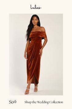 An evening of magic awaits you in the Lulus I'm Enchanted Rust Orange Velvet Off-the-Shoulder Maxi Dress! This gorgeous stretch velvet maxi has a folded-over off-the-shoulder neckline (with hidden no-slip strips) that continues into short sleeves. A high, banded waist flows into an overlapped tulip maxi skirt. Hidden side zipper/clasp. Fit: This garment fits true to size. Length: Ankle length. Size medium measures 49" from top to bottom. Bust: Great for any cup size. Waist: Fitted - very fitted Formal Wedding Guest Attire Fall, Fall Wedding Guest Dress October, Orange Formal Dresses, Maxi Skirt Fall, Fall Wedding Outfits, Wedding Guest Outfit Fall, Winter Wedding Guest Dress, Fall Wedding Guest Dress, Velvet Maxi Dress