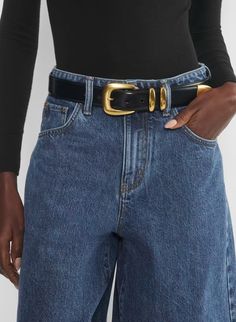 LEGENDARY SOLID BRASS LEATHER WIDE BELT | Aritzia Sweat Vest, Wide Leather Belt, Fall Denim, Look Older, Denim Blazer, Fashion Mistakes, Brass Buckle, Wide Belt, Style Mistakes