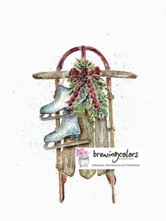 a watercolor painting of snow boots hanging from a sled with a bow on it