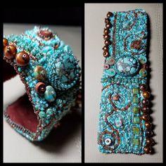 two pictures show the inside of a cell phone case with beads and buttons on it