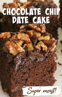 a close up of a piece of cake on a plate with the words chocolate chip date cake