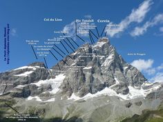 the top of a mountain with many different names on it's side and some mountains in