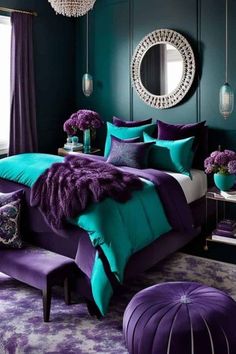 a bedroom with purple and green bedding