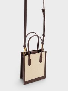 Dark Brown Canvas Geometric Tote Bag - CHARLES & KEITH US Charles And Keith Bags, Brown Tote Bag, Strappy Flats, Brown Tote, Size Chart For Kids, Charles Keith, Bag Canvas, Brown Canvas, Large Tote