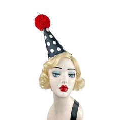 Mini Clown Hat, Black, White, and Red, Classic Circus, Halloween Costume, Adjustable Headband, Theatrical Costuming, Kids Costume This classic clown hat is perfect for plays, burlesque acts, vaudeville, you name it- any time you need that perfect retro look. it stands 8" inches high. It is made with a buckram and wire base and had been covered in two layers of fabric, the top being a black and white satin. You can position it any way you want- it slides right on to the headband. I use only the m Red Adjustable Hat For Costume Party, Adjustable Red Hat For Costume Party, Adjustable Red Mini Hat For Halloween, Red Halloween Hat One Size Fits Most, Fitted Red Halloween Hat, Adjustable Themed Costume Hats And Headpieces, Adjustable Retro Costume Accessories For Costume Party, Red Mini Hats For Halloween Costume Party, Black Novelty Costume Hats And Headpieces For Themed Events