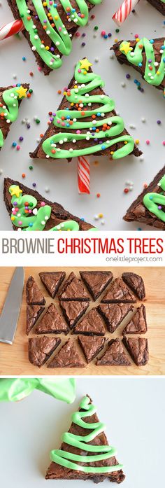 chocolate brownie christmas trees with green icing and sprinkles on them