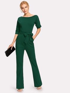 Jumpsuit With Belt, Jumpsuit Online, Shein Style, Work Attire, Button Detail, Boat Neck, Black Tie, Half Sleeves, Jumpsuits For Women