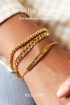 Your new wardrobe staple is here. Our bar and name bracelets are designed in such a way that you’ll never want to take it off. Women's bracelets 2020, Women's gold bracelets, Trendy gold bracelet, Gold bracelet for women, Casual Jewelry, Women's jewelry, Fashion Accessories, Wedding Bracelet, Sophisticated Style, Aesthetic gold jewelry! 
#bracelet #jewelry #jewelryfashion #rellery #womensjewelry #goldbracelet Trendy Gold Name Bracelet For Personalized Gift, Trendy Personalized Gold Name Bracelet, Everyday Nameplate Bracelet With Custom Name, Everyday Custom Name Nameplate Bracelet, Trendy Gold Custom Name Bracelet, Trendy Custom Name Gold Bracelet, Classic Nameplate Bracelet With Custom Name, Gold Chain Bracelet With Custom Name For Personalized Gift, Trendy Personalized Gold Chain Bracelet