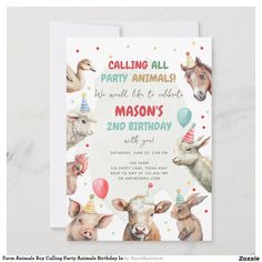 an animal themed birthday party card with animals and balloons on the front, in white