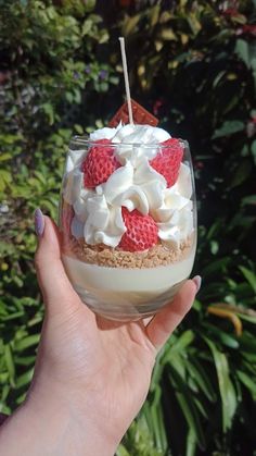 a hand holding a dessert in a wine glass with strawberries and whipped cream on top