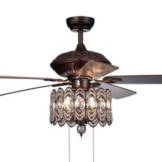 a ceiling fan with crystal chandelier hanging from it's blades and light bulbs