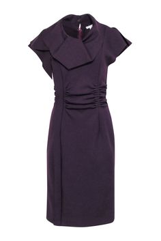 Current Boutique-Oscar de la Renta - Purple Wool Short Sleeve Ruffled Collar Dress w/ Gathered Waist Sz 8 Fitted Purple Midi Dress For Evening, Chic Fitted Purple Dress, Chic Office Dresses With Ruched Detail, Purple Fitted Chic Dress, Chic Purple Fitted Dress, Elegant Ruffled Office Dresses, Elegant Office Dress With Ruffles, Elegant Ruched Midi Dress For Office, Formal Purple Ruffled Mini Dress