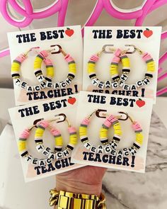 the best teacher bracelets are shown in three different colors and designs, one is for each student