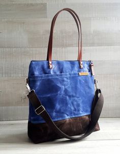 WAXED CANVAS TOTE in Blue and Brown ZiPPERED Unisex Laptop Blue Canvas Shoulder Bag With Handles, Blue Canvas Bag With Zipper Pocket For School, Blue Canvas Shoulder Bag, Blue Canvas Bag With Double Handle, Blue Canvas Satchel Bag With Handles, Blue Canvas Satchel With Handles, Blue Large Capacity Canvas Bag For On-the-go, Blue Canvas Satchel With Zipper Pocket, Large Capacity Blue Canvas Bag For On-the-go