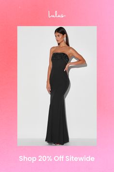 The Lulus Brilliantly Bold Black Strapless Mermaid Maxi Dress is an easy way to make sure you get noticed! Sleek woven fabric shapes this stunning dress that has a straight neckline (with no-slip strips) with a sheer organza flounce and a strapless, princess-seamed bodice with supportive boning at the sides. A high waist tops a figure-skimming mermaid maxi skirt. Hidden back zipper/clasp. Fit: This garment fits true to size. Length: Floor length. Size medium measures 62" from top to bottom. Bust: Great for any cup size. Waist: Fitted - very fitted at natural waist. Hip: Loosely Fitted. Undergarments: May be worn with a strapless bra, adhesive bra, petals, or no bra. Fabric: Fabric has no stretch. Fully lined. Shell: 100% Polyester. Contrast: 100% Polyester. Lining: 100% Polyester. Hand Was Gala Evening Dress With Fitted Bodice And Straight Neckline, Straight Neckline Evening Dress With Fitted Bodice, Elegant Strapless Mermaid Dress For Evening, Evening Gown With Straight Neckline, Strapless Evening Mermaid Dress With Sweep Train, Elegant Strapless Mermaid Dress For Prom Season, Elegant Strapless Mermaid Dress For Prom, Evening Dress With Sweep Train And Straight Neckline, Glamorous Fitted Evening Dress With Straight Neckline