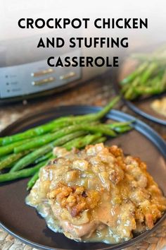 crockpot chicken and stuffing casserole on a plate with asparagus