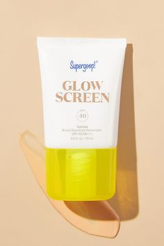 Formulated with hyaluronic acid, niacinamide and vitamin B5, this sunscreen can be worn on its own or as a primer under makeup for a glowy, it-from-within look. Designed to provide broad spectrum protection from UV rays and infrared radiation, it also helps filter blue light from tech. | SPF 40 Glowscreen 15ml by Supergoop! in White at Anthropologie Glow Screen Supergoop, Glow Recipe Sunscreen, Super Goop Glow Screen, Super Goop Sunscreen, Super Goop, Supergoop Sunscreen, Infrared Radiation, Spf Skincare, Best Sunscreens