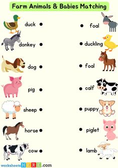 farm animals and babys matching worksheet for kids to practice their english speaking skills