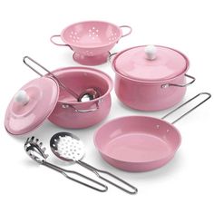 pink pots and pans with utensils on a white background