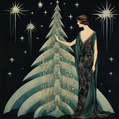 a painting of a woman standing next to a christmas tree with stars in the background