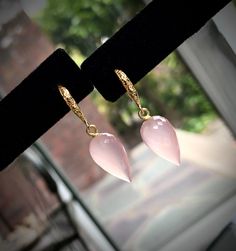 "🌸 GENUINE PINK CHALCEDONY FACETED REVERSE TEARDROP Dangle Earrings 🌸 with 14K Gold Filled Art Nouveau Carved Ear Wires 🌸 These Exquisite Gemstones Will Glow On Your Ears 🌸 Perfect For the October Birthday Girl, The Bride, Bride's Maid or Everyday earrings that can go out on the Town 🌸 PINK CHALCEDONY is a form of quartz - Chalcedony occurs in a wide range of varieties. Many semi-precious gemstones are in fact forms of chalcedony, but Pink Chalcedony is not the same gemstone as Pink Quartz or Rose Quartz. 🌸 Gemstone drops alone are: 16mm x 9mm 🌸 1 3/8\" Long from top of wire to bottom of Drop x 3/8\" Wide 🦋 A PRETTY GIFT BOX IS INCLUDED WITH YOUR PURCHASE  🌈 GUARANTEE All my workmanship is guaranteed - if something comes un-done due to workmanship defect please convo me about how Teardrop Jewelry With Bail For Wedding, Wedding Gemstone Teardrop Earrings, Wedding Teardrop Gemstone Earrings, Pink Pear-shaped Earrings For Anniversary, Pink Briolette Jewelry For Wedding, Pink Pierced Jewelry For Formal Occasions, Gemstone Teardrop Earrings For Wedding, Pink Briolette Earrings For Pierced Ears, Pink Briolette Earrings For Wedding