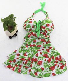 Women Strawberry Swim Dress, Vintage Strawberry Print Halter Green One-piece Swim Dress For Summer, Cute One-piece Swimwear For Pool, Cute Summer Vacation Swimwear, Spring Strawberry Print Swimwear, Cute Summer Swimwear For Vacation, Cute Swimwear For Summer Vacation, Summer Strawberry Print Swimwear, Green Tropical One-piece For The Beach, Green Tropical One-piece For Beach