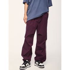 Loose Retro Color-Block Sports Wide-Leg Pants Material: 100%Polyester Size: S, M, L, XL Color: Navy Blue, Purple Applicable Scene: Leisure, Daily, Vacation Baggy Straight Sweatpants For Sports, Baggy Wide-leg Sports Pants, Sportswear Wide Leg Parachute Pants With Pockets, Baggy Full-length Sports Bottoms, Baggy Full Length Sports Bottoms, Baggy Sportswear Pants For Sports, Sportswear Parachute Pants With Pockets, Baggy Sports Pants For Sportswear, Baggy Straight Leg Sports Pants