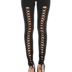 New With Tags Very Rocker Style Black Stretch Legging Pants With Cross Lace Fronts And Metal Silver Hoops. Standard Ladies Sized True Fit In Small Medium Large Machine Wash And Dry Gothic Leggings, Lace Fronts, Stylish Leggings, Lace Up Leggings, Lace Leggings, Legging Pants, Rocker Style, Stretch Leggings, Stretch Lace