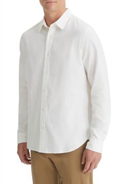 Lightweight and comfortable, this shirt made of cotton and lyocell sports a touch of stretch and a relaxed fit that looks great whether it's tucked or untucked. 30" length; 44" chest (size Medium) Front button closure Spread collar Long sleeves with one-button cuffs 72% cotton, 26% lyocell, 2% elastane Machine wash, tumble dry Imported White Button-up Shirt For Casual Gatherings, Slim Fit Cotton Button-up Shirt, Unstructured Cotton Button-up Shirt, Modern Cotton Shirt For Casual Gatherings, Relaxed Fit Cotton Shirt With Button Closure, Modern Cotton Button-up Shirt, Unstructured Cotton Tops With Shirttail Hem, Modern Cotton Tops With Shirttail Hem, Modern Cotton Top With Shirttail Hem