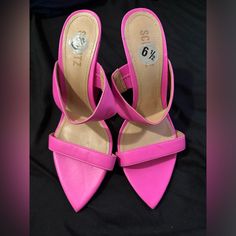 Hot Pink Brand New Pink Mules With 4-inch Heel For Spring, Spring Wedge Sandals With 4-inch Heel, Summer Synthetic Mules With 4-inch Heel, Trendy Wedge Sandals With 4-inch Heel, Trendy Wedge Sandals With Heel Loop For Spring, Casual Synthetic Wedge Sandals With Pointed Toe, Spring Wedge Heel Mules, Casual Synthetic Pointed Toe Wedge Sandals, Summer Slip-on Heels With Heel Loop