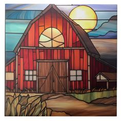 a painting of a barn with the sun setting behind it