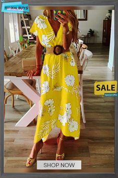 Women V-neck Boho Floral Belted Maxi Dress Summer Ladies Casual Short Sleeve Party Beach Sundress Holiday Clothing Tropical V-neck Beach Dress For Spring, Tropical V-neck Beach Dress For Summer, V-neck Sundress For Beach Party Vacation, Chic V-neck Dress For Beach Season, Elegant V-neck Maxi Dress For Summer Parties, Tropical V-neck Sundress For Spring, Summer V-neck Maxi Dress With Floral Print, Tropical V-neck Sundress, Summer Party V-neck Dress