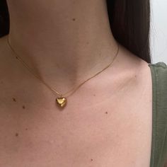 "Puffed Mini Heart Necklace in Gold ✨ Fully stainless steel & tarnish proof! (18k gold plated) 16\" with a 2\" extender Snake chain style featuring a mini gold puffed heart pendant 🤍 Handmade with love!" Gold Heart Pendant Chain Necklace 14k, Elegant Gold-plated Heart Necklace With Gold Chain, Gold Chunky Heart Necklace, Puffed Heart Necklace, Mini Heart Necklace, Puffy Heart Necklace, Mini Gold, Heart Pendants, 3d Heart