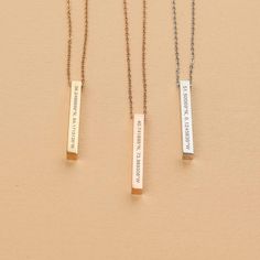 PERSONALIZED VERTICAL BAR NECKLACE This stylish necklace with it's free moving square bar pendant can be personalized to create a treasured and special gift for a loved one. The bar can be engraved with your special message, a name, or date which the recipient can choose to wear with the message showing or turn the slider to keep it secret. CHARACTER LIMIT Up to 12 characters per bar Up to 4 sides engraving ITEM SPECIFICATIONS • Material: High Quality Solid 925 Sterling Silver• Finish: 925 Sterl Capital Letter Fonts, Script Initial, Vertical Bar Necklace, Square Bar, Bar Necklace Personalized, Vertical Bar, Pearl Decor, Stylish Necklace, Mom Jewelry