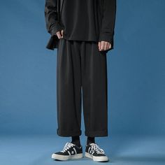 Wiaofellas Casual Pant Men Cotton Baggy Wide Leg Pants Ankle Length Elastic Waist Loose Straight Trousers Men Casual Harem Pants With Relaxed Fit, Ankle-length, Casual Ankle-length Harem Pants For Loungewear, Black Straight Leg Casual Harem Pants, Casual Black Straight Leg Harem Pants, Black Pants For Winter, Spring Black Straight Leg Harem Pants, Black Solid Color Winter Pants, Casual Ankle-length Harem Pants, Black Baggy Casual Harem Pants