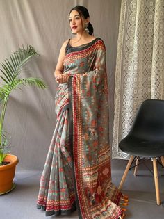 Introducing our beautiful grey saree and blouse, made from high-quality malai cotton, design inspired with traditional kalamkari prints. This exquisite ensemble combines the charm of tradition with the comfort of modern fashion, making it a must-have for every fashion-conscious woman.
The elegant grey saree is adorned with a stunning multicolour pattern, adding a touch of vibrancy and elegance to your look. The design is meticulously crafted, allowing the kalamkari prints to shine through, creat Multicolour Saree, Kalamkari Blouse Designs, Kalamkari Prints, Tassels Blouse, Kalamkari Fabric, Kalamkari Print, Kalamkari Designs, Kalamkari Blouse, Kalamkari Sarees