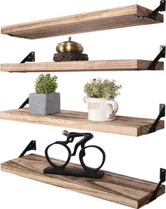 three wooden shelves with metal brackets holding plants and bicycle handles, one has a potted plant on the top shelf