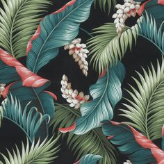 an image of tropical leaves and flowers on a black background